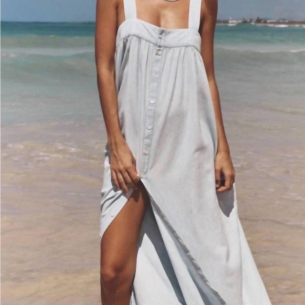 XiRENA orly Pale Blue Chambray maxi  long summer Dress xs button up boho $298